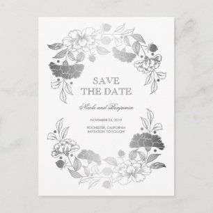 Silver Floral Wreath Peonies Save the Date Announcement Postcard