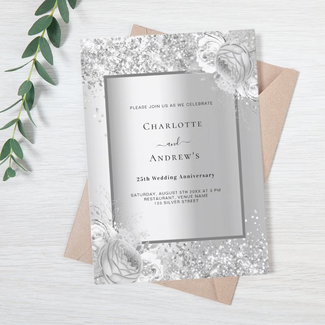 Silver florals 25th wedding anniversary invitation (Creator Uploaded)