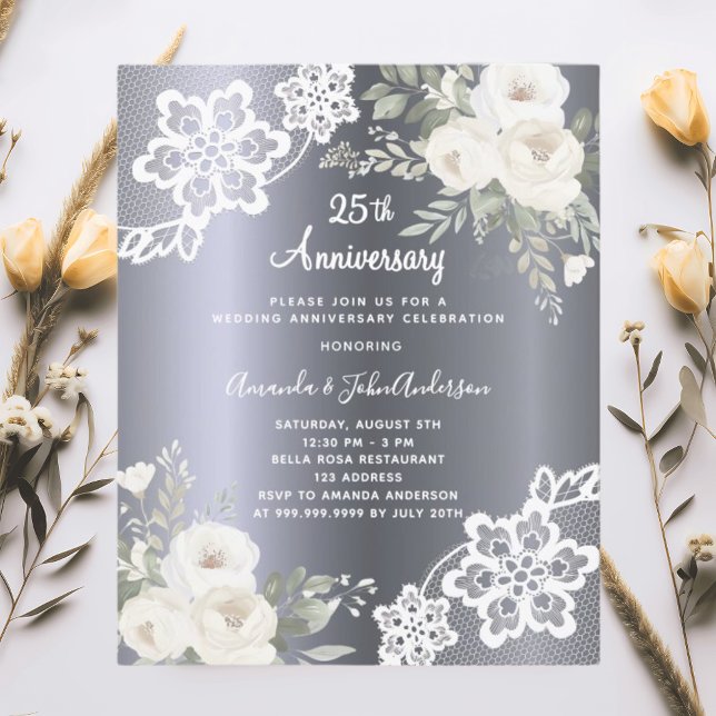 Silver florals 25th wedding anniversary invitation (Creator Uploaded)