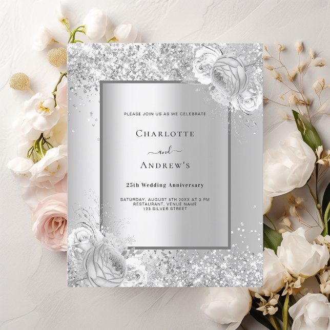 Silver florals 25th wedding anniversary invitation (Creator Uploaded)
