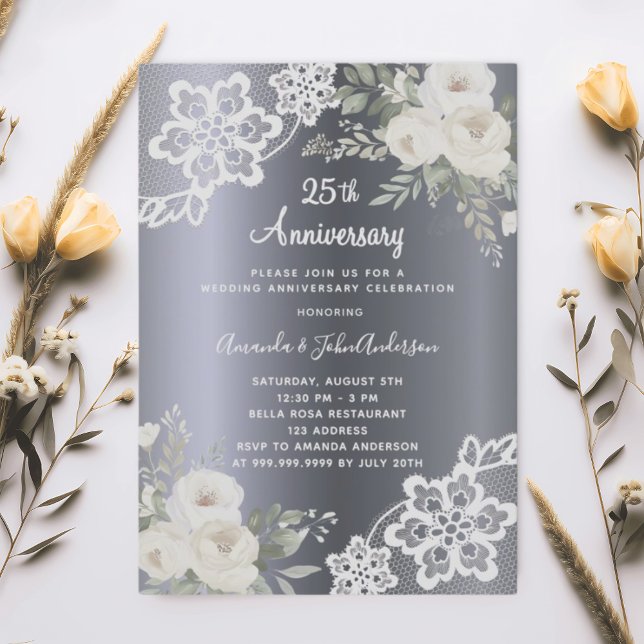 Silver florals 25th wedding anniversary luxury invitation (Creator Uploaded)