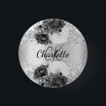 Silver florals elegant name tag 3 cm round badge<br><div class="desc">A faux silver looking background decorated with florals,  flowers. Personalise and add your monogram initials and first name</div>