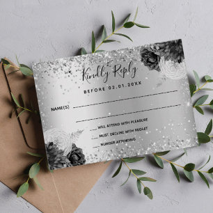 Silver florals glitter monochrome wedding RSVP Card