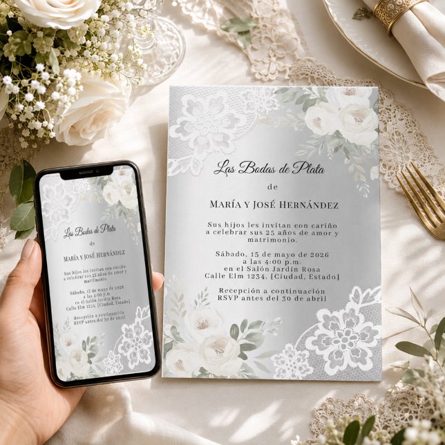 Silver Florals Invitación Bodas de Plata Invitation (Creator Uploaded)