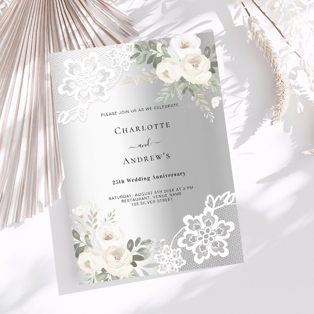 Silver florals luxury 25th wedding anniversary invitation (Creator Uploaded)