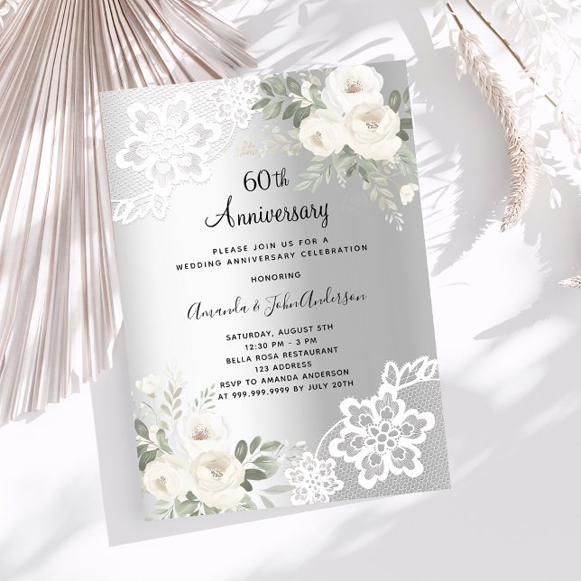 Silver florals luxury 60th wedding anniversary invitation (Creator Uploaded)
