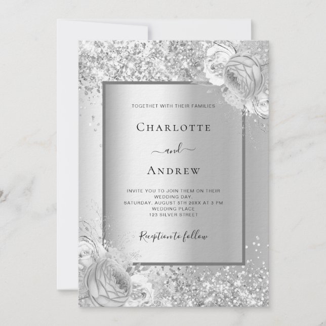 Silver florals monochrome luxury wedding invitation (Front)
