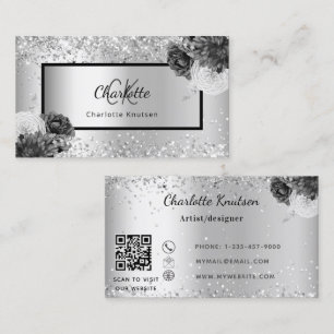 Silver florals monogram glamourous QR code Business Card