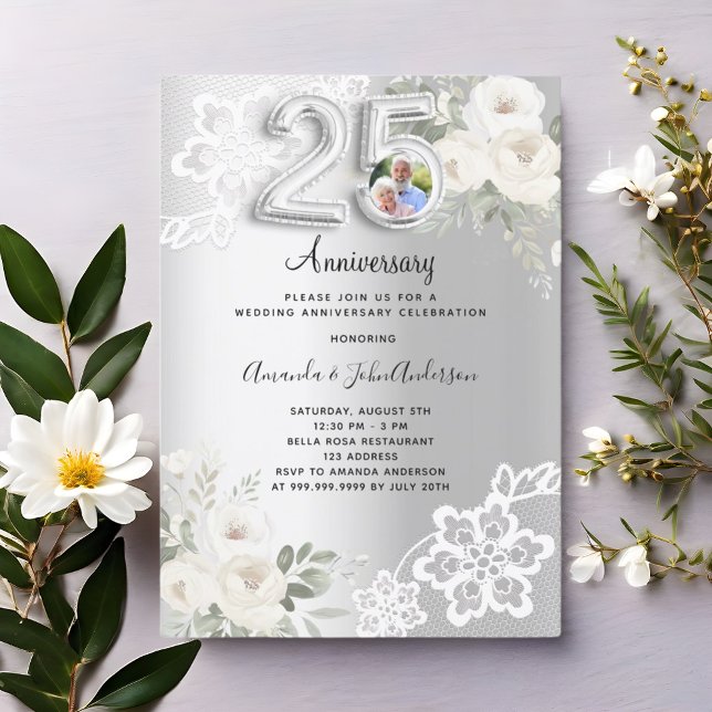 Silver florals photo 25th wedding anniversary invitation (Creator Uploaded)