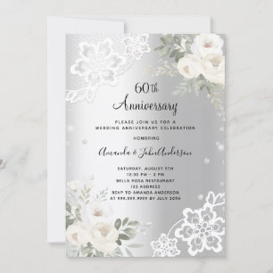 Silver florals photo 60th wedding anniversary invitation