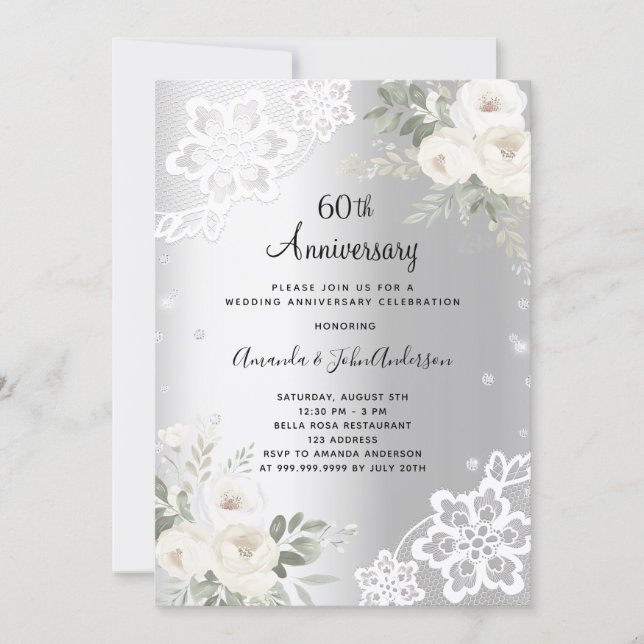 Silver florals photo 60th wedding anniversary invitation (Front)