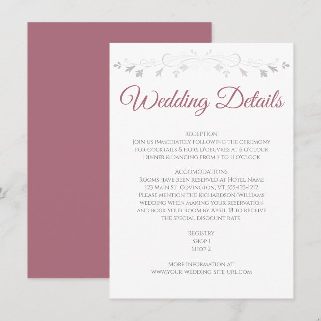 Silver Flourish Dusty Rose Elegant Wedding Details Enclosure Card (Front/Back)
