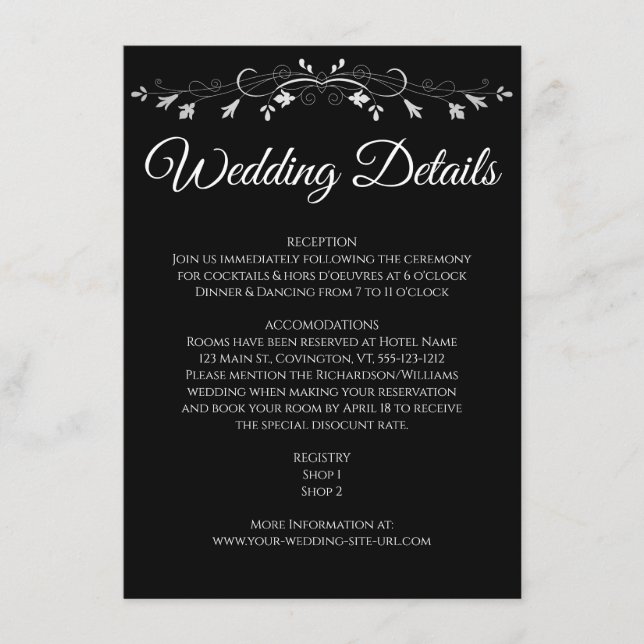 Silver Flourish Elegant Black Wedding Details Enclosure Card (Front)