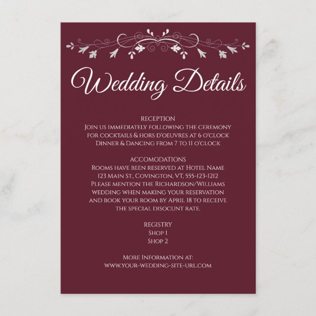 Silver Flourish Elegant Burgundy Wedding Details Enclosure Card (Front)