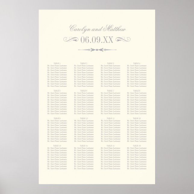 Silver Flourish Ivory Wedding Seating Poster (Front)