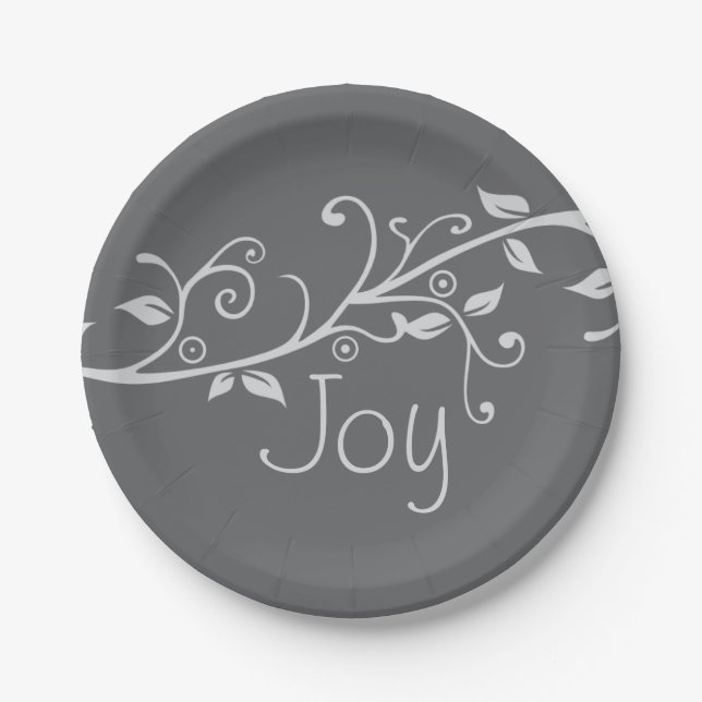 Silver Flourish Joy Christmas Party Paper Plate (Front)