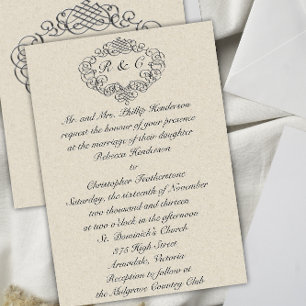Silver Flourish Monogrammed Cream Wedding Invitation