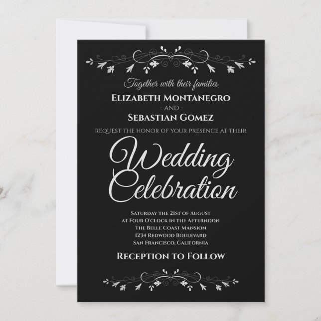 Silver Flourish on Black Simple Elegant Wedding Invitation (Front)