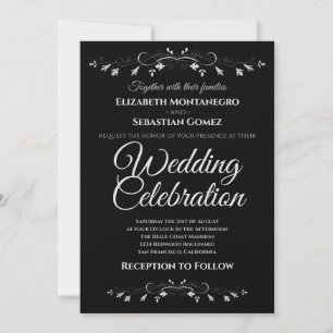 Silver Flourish on Black Simple Elegant Wedding Invitation