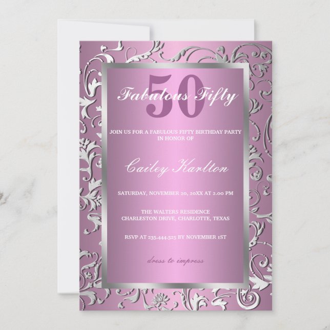 Silver Flourish Ornate Pattern Pink Fabulous Fifty Invitation (Front)