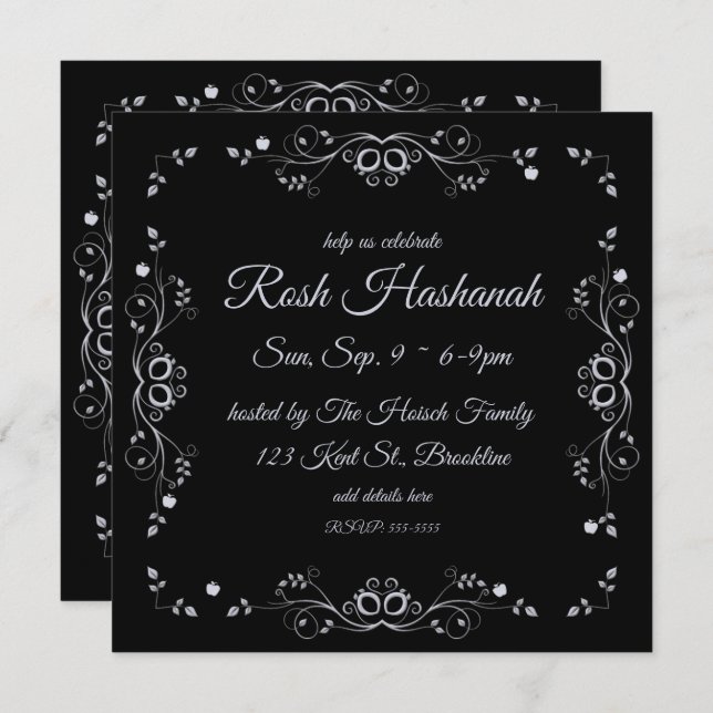 Silver Flourish with Apples Rosh Hashanah Invitation (Front/Back)