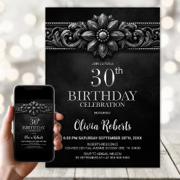 Silver Flower Black 30th Birthday Party Invitation