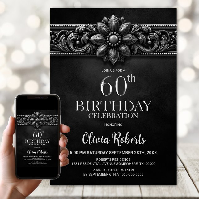 Silver Flower Black 60th Birthday Party Invitation (Creator Uploaded)