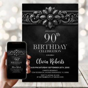 Silver Flower Black 90th Birthday Party Invitation