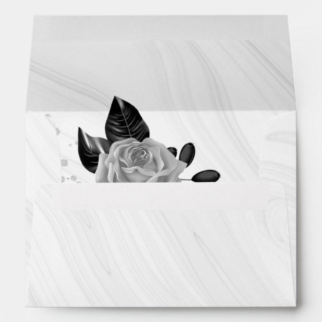 silver flower &black leaves marble wedding envelope (Back (Bottom))