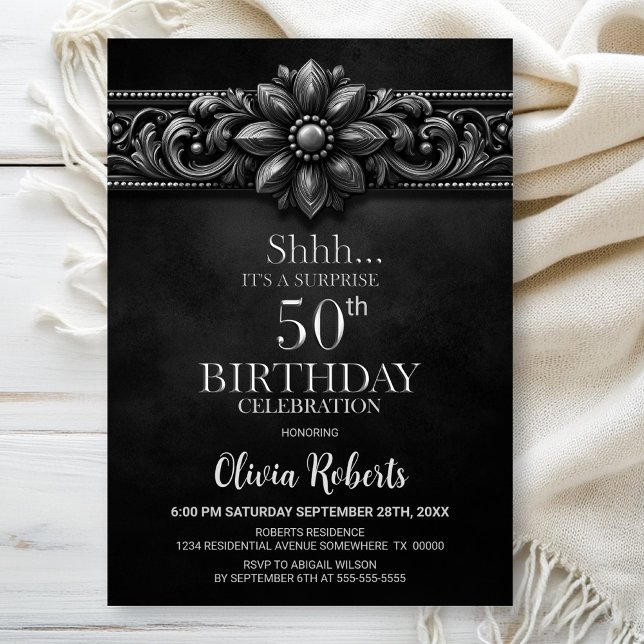 Silver Flower Black Surprise 50th Birthday Party Invitation (Creator Uploaded)