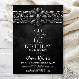 Silver Flower Black Surprise 60th Birthday Party Invitation