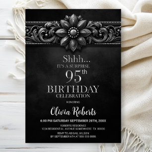 Silver Flower Black Surprise 95th Birthday Party Invitation