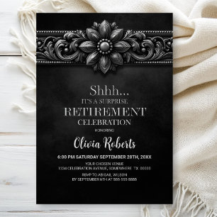 Silver Flower Black Surprise Retirement Party Invitation