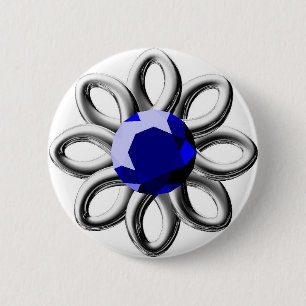 Silver flower with blue stone 6 cm round badge