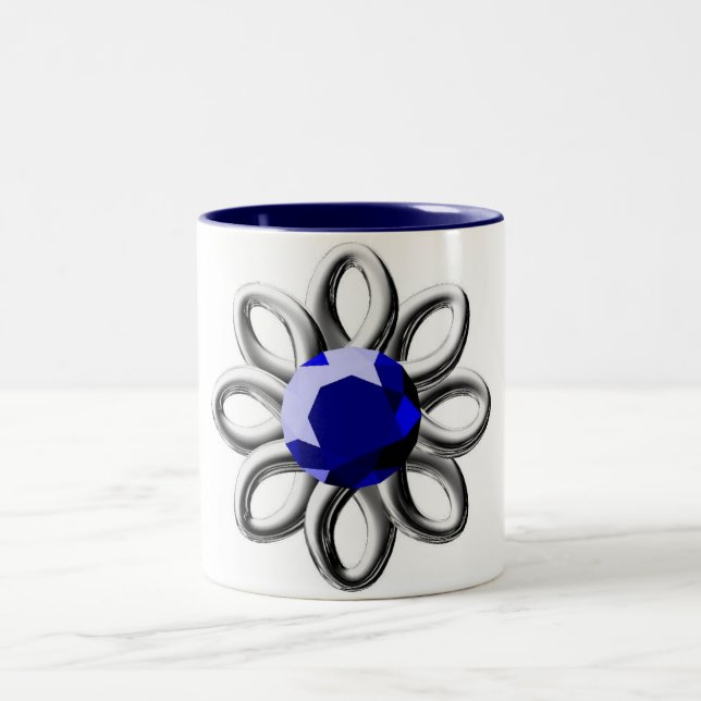 Silver flower with blue stone Two-Tone coffee mug (Center)