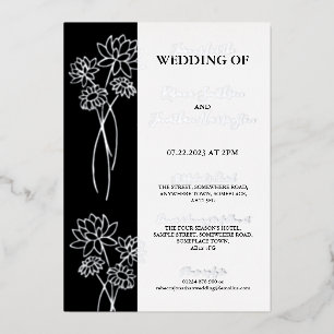 Silver Flowers Black Photo Wedding Foil Invitation