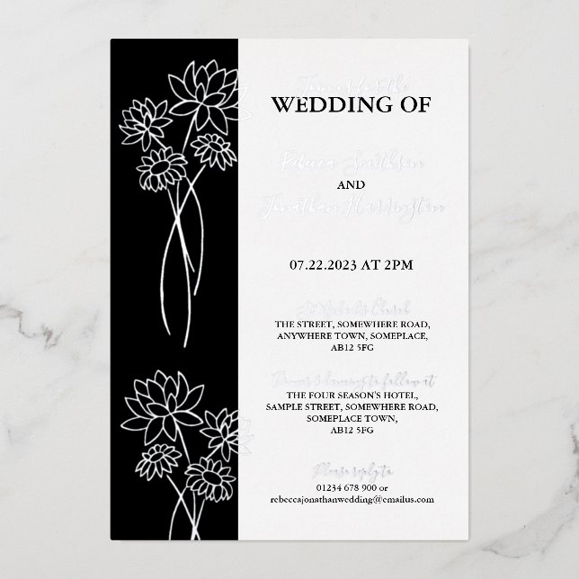 Silver Flowers Black Photo Wedding Foil Invitation (Front)