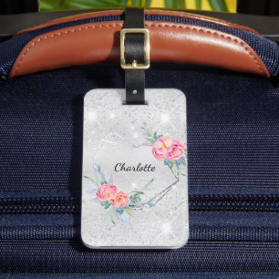 Silver flowers blush pink glitter name luggage tag