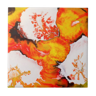 Silver Flowers in Orange Alcohol Ink Abstract Tile