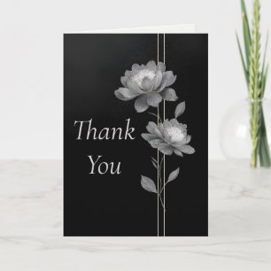 Silver Flowers & Lines on Black Thank You Card
