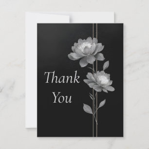 Silver Flowers & Lines on Black Thank You Card