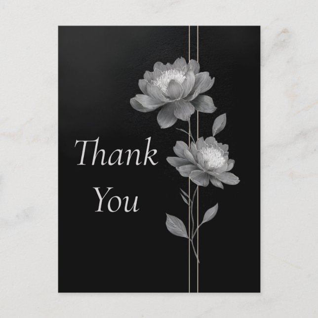 Silver Flowers & Lines on Black Thank You Card (Front)