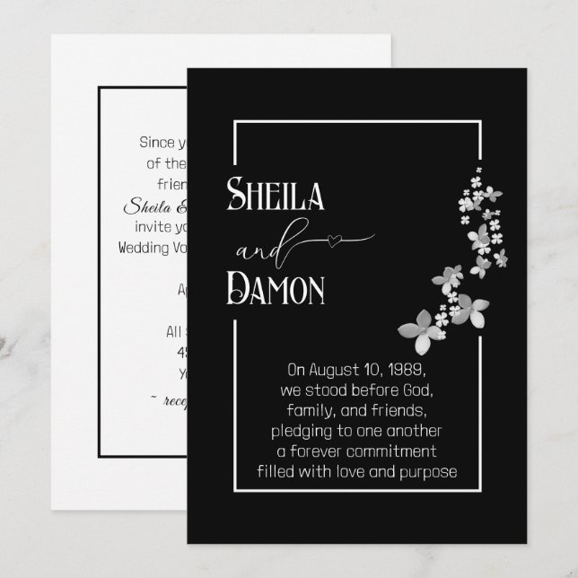 Silver Flowers On Black Wedding Vow Renewal  Invitation (Front/Back)
