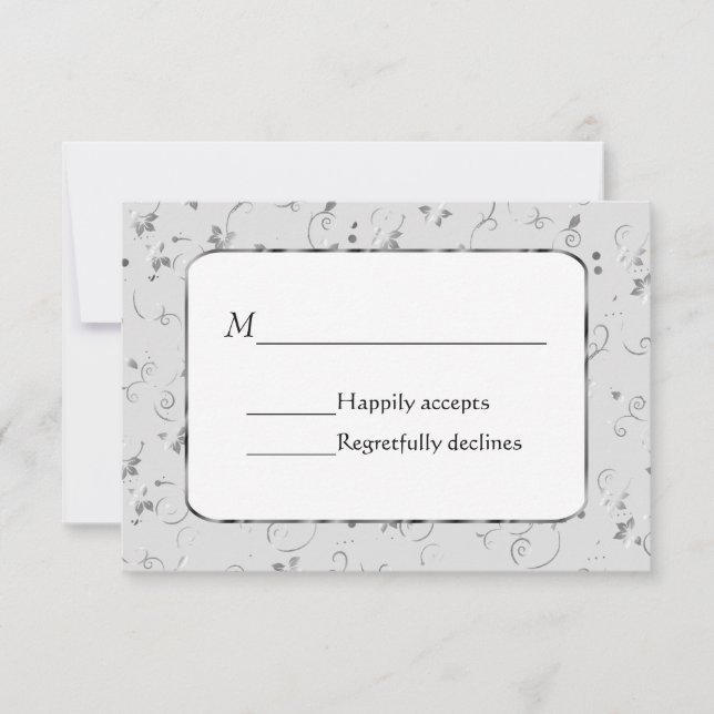 Silver Flowers on Grey Wedding RSVP Card (Front)