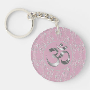 Silver Flowers on Pink OM Yoga Mat Key Ring