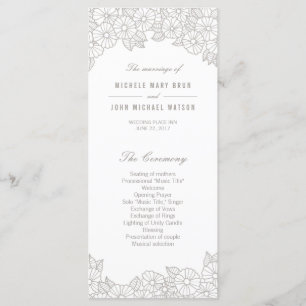 Silver Flowers on White Wedding Program Rack Cards