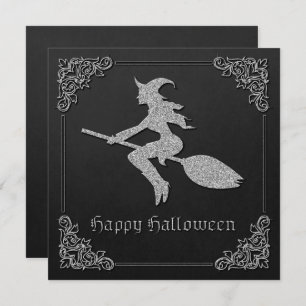 Silver Flying Witch Halloween Greeting Card