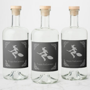 Silver Flying Witch Halloween Liquor Bottle Label