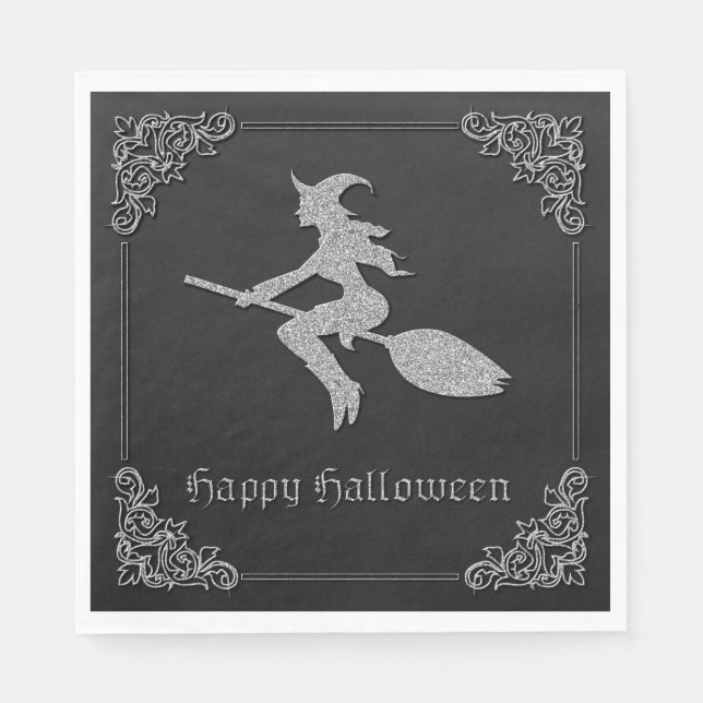 Silver Flying Witch Halloween Napkin (Front)