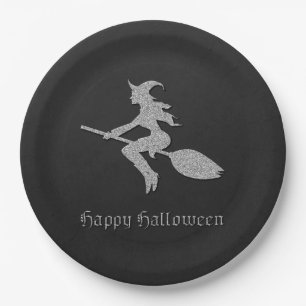 Silver Flying Witch Halloween Paper Plate